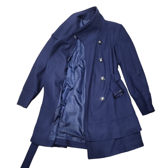 EUC New York Company women's navy blue belted wool blend pea coat wrapcoat layer - Picture 6 of 13